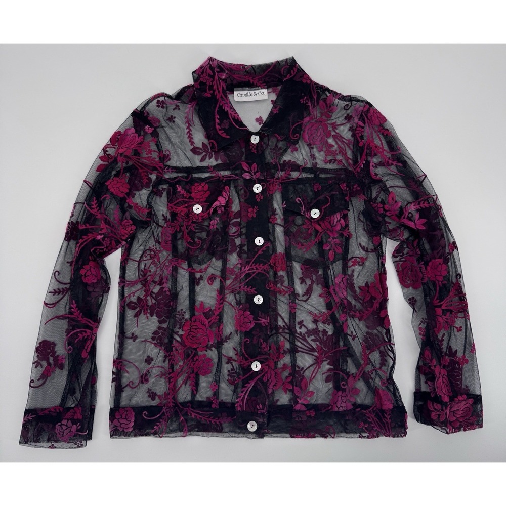Camille & Co. Sheer Mesh Floral Jacket Blouse Pink Embroidery Gothic Romantic M
